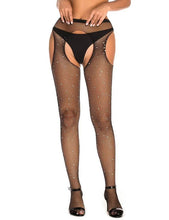 Load image into Gallery viewer, Black Rhinestone Crotchless Fishnet Pantyhose (6-10) Xs-m