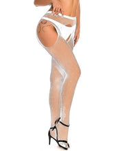 Load image into Gallery viewer, White Rhinestone Crotchless Fishnet Pantyhose (10-16) L-2xl