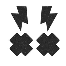 Load image into Gallery viewer, Glitter Black Pasties Set- Lightning Bolt/ Cross
