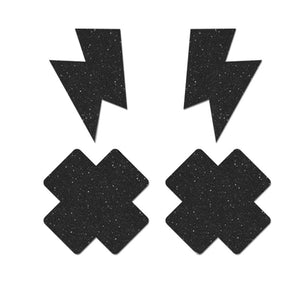 Glitter Black Pasties Set- Lightning Bolt/ Cross