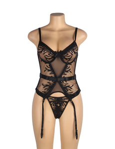 Sexy Black Mesh/leaf Garter Teddy(8-10) M