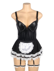 Black Pu Leather Mesh Maid Costume(16-18)3xl