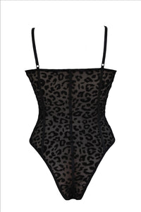 Black Flocked Leopard Print Bodysuit Large