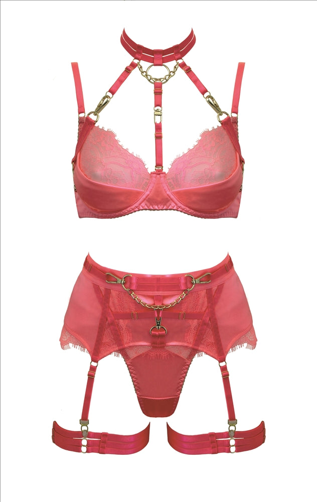 Electric Coral Pink & Lace 5pce Set L