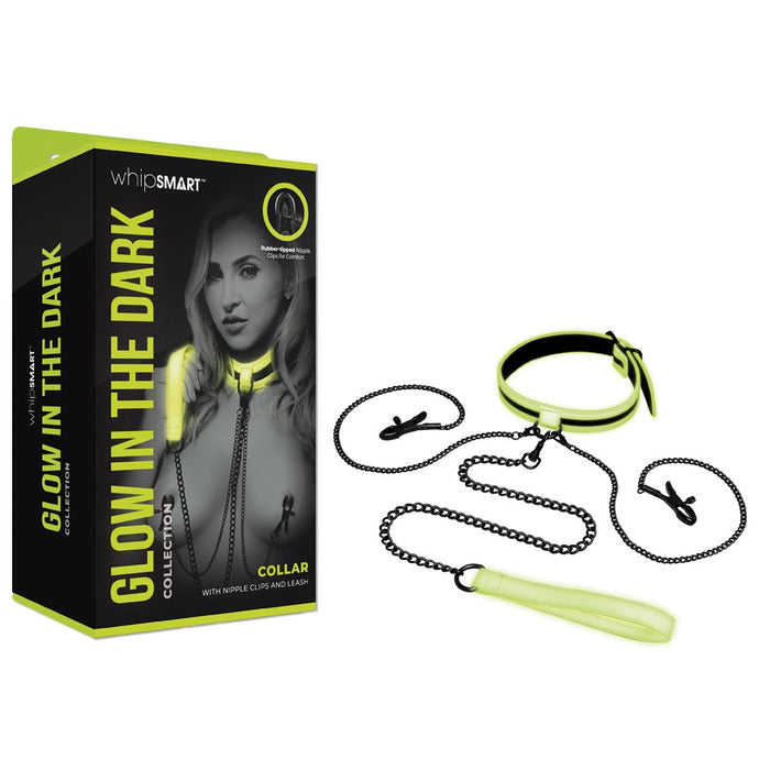 Whipsmart Glow In The Dark Collar With Nipple Clips & Leash