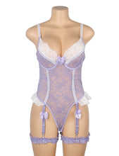 Load image into Gallery viewer, Lace Bodysuit Purple Suspender Bows (10-12) L
