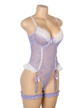 Load image into Gallery viewer, Lace Bodysuit Purple Suspender Bows (10-12) L
