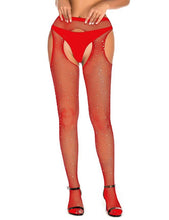 Load image into Gallery viewer, Red Rhinestone Crotchless Fishnet Pantyhose (6-10) Xs-m
