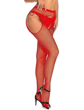 Load image into Gallery viewer, Red Rhinestone Crotchless Fishnet Pantyhose (6-10) Xs-m
