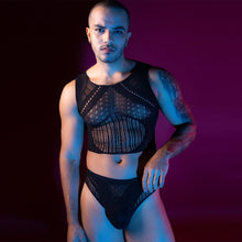 Load image into Gallery viewer, Mens Stripe Singlet &amp; Brief Set Black
