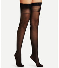 Load image into Gallery viewer, Sheer Thigh Highs With Opaque Stripes &amp; Band Top Black
