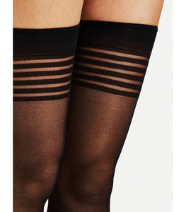Sheer Thigh Highs With Opaque Stripes & Band Top Black