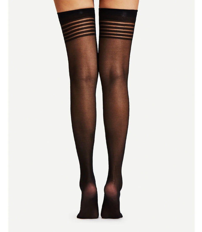 Sheer Thigh Highs With Opaque Stripes & Band Top Black