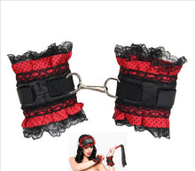 Load image into Gallery viewer, Black &amp; Red Lace Burlesque Handcuffs
