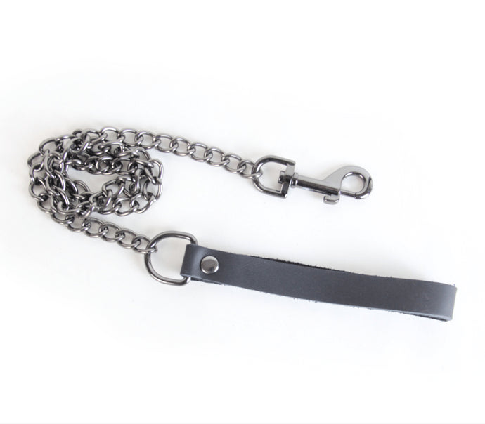 Chain Lead With Leather Handle - Pewter