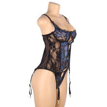 Load image into Gallery viewer, Lace Gartered Set With Underwire Blue (16-18) 3xl
