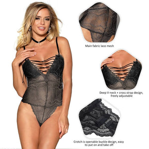 Adjustable Ribbon And Lace Teddy Black (20-22) 5xl