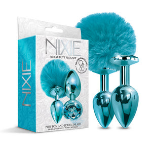 Nixie Metal Butt Plug Set, Pom Pom And Jewel Inlaid, Blue Metallic