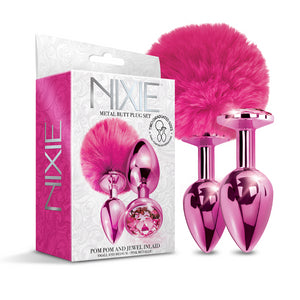 Nixie Metal Butt Plug Set, Pom Pom And Jewel Inlaid, Pink Metallic
