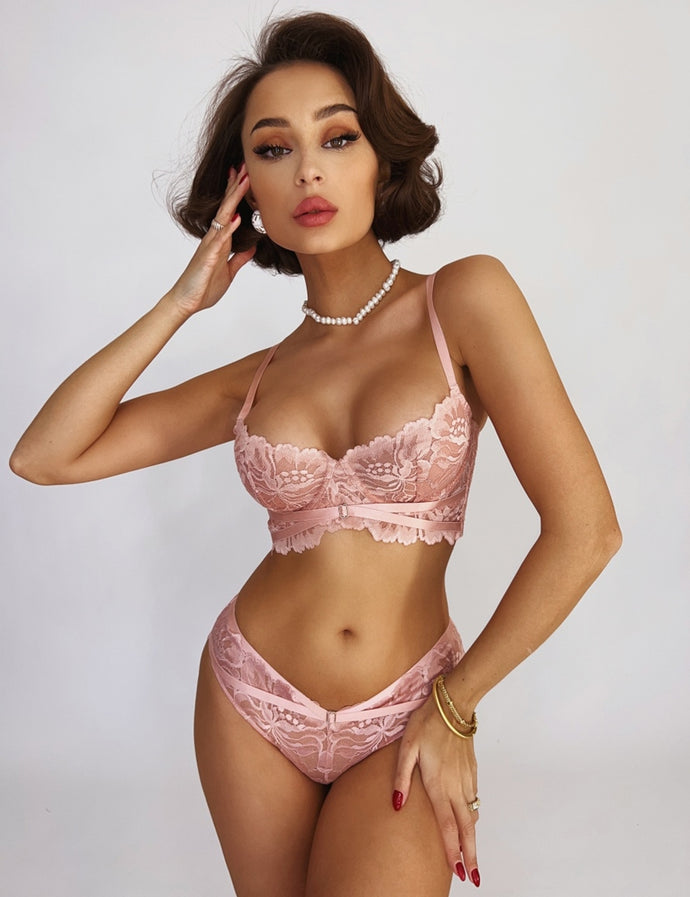 Floral Lace Underwire Bra Set Pink (8-10) M
