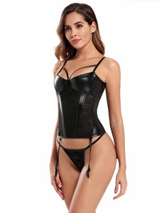 Black Boned Lace  Leather Corset (12) L