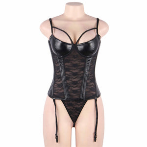 Black Boned Lace  Leather Corset (12) L