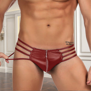 Mens' Leather Look Undies With Zipper Red (28-30) M