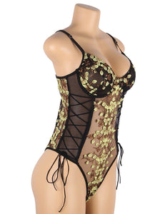 Black Exquisite Embroidery Bodysuit (8-10) M