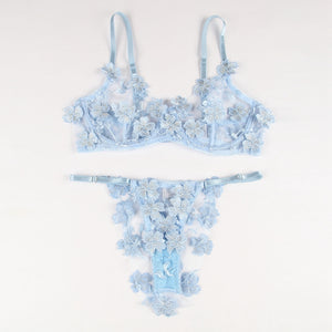 Blue Floral Applique Bra Set (12-14) Xl